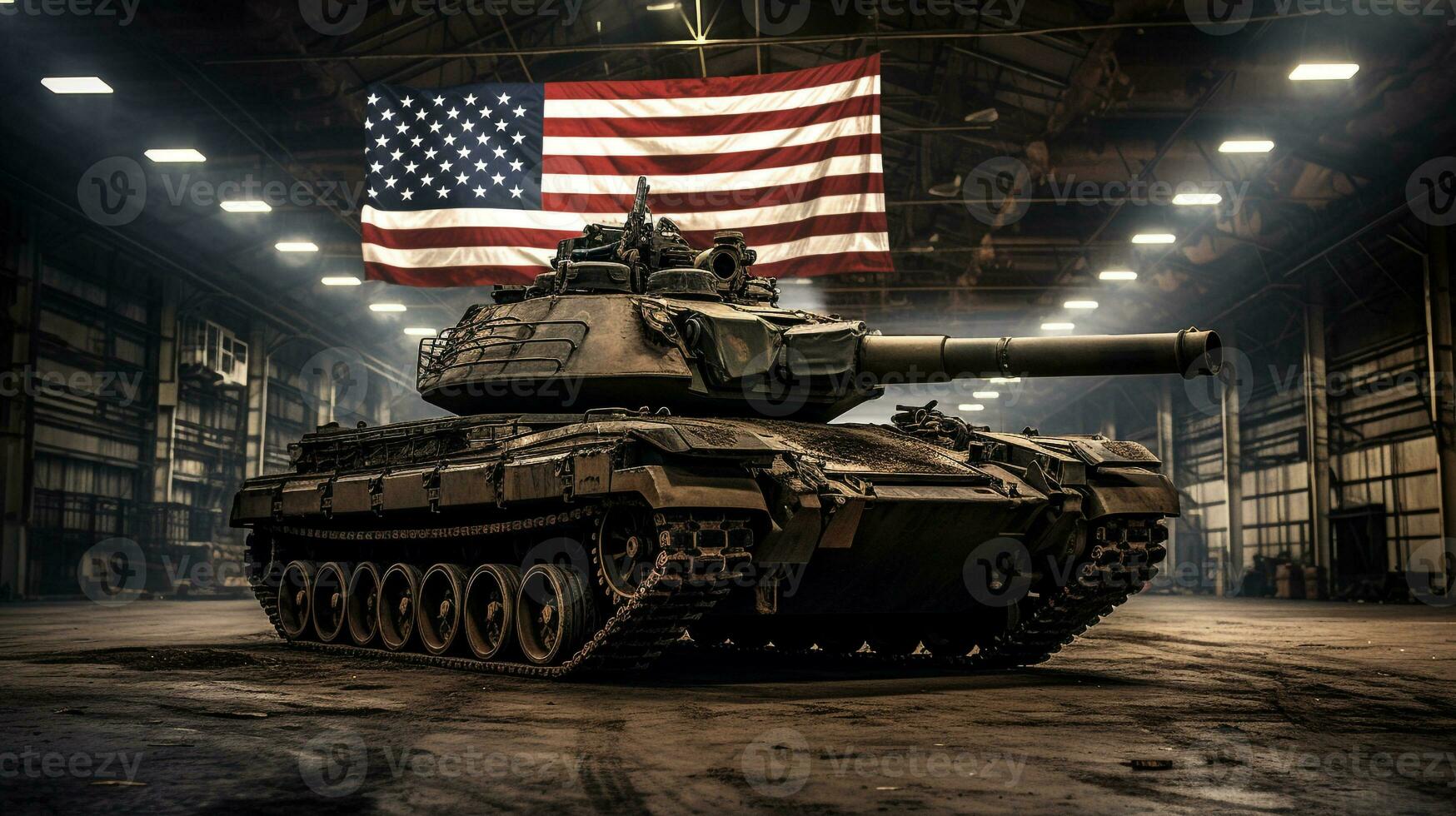 amerikan tank med de flagga som bakgrund under oberoende dag, genererad förbi artificiell intelligens foto