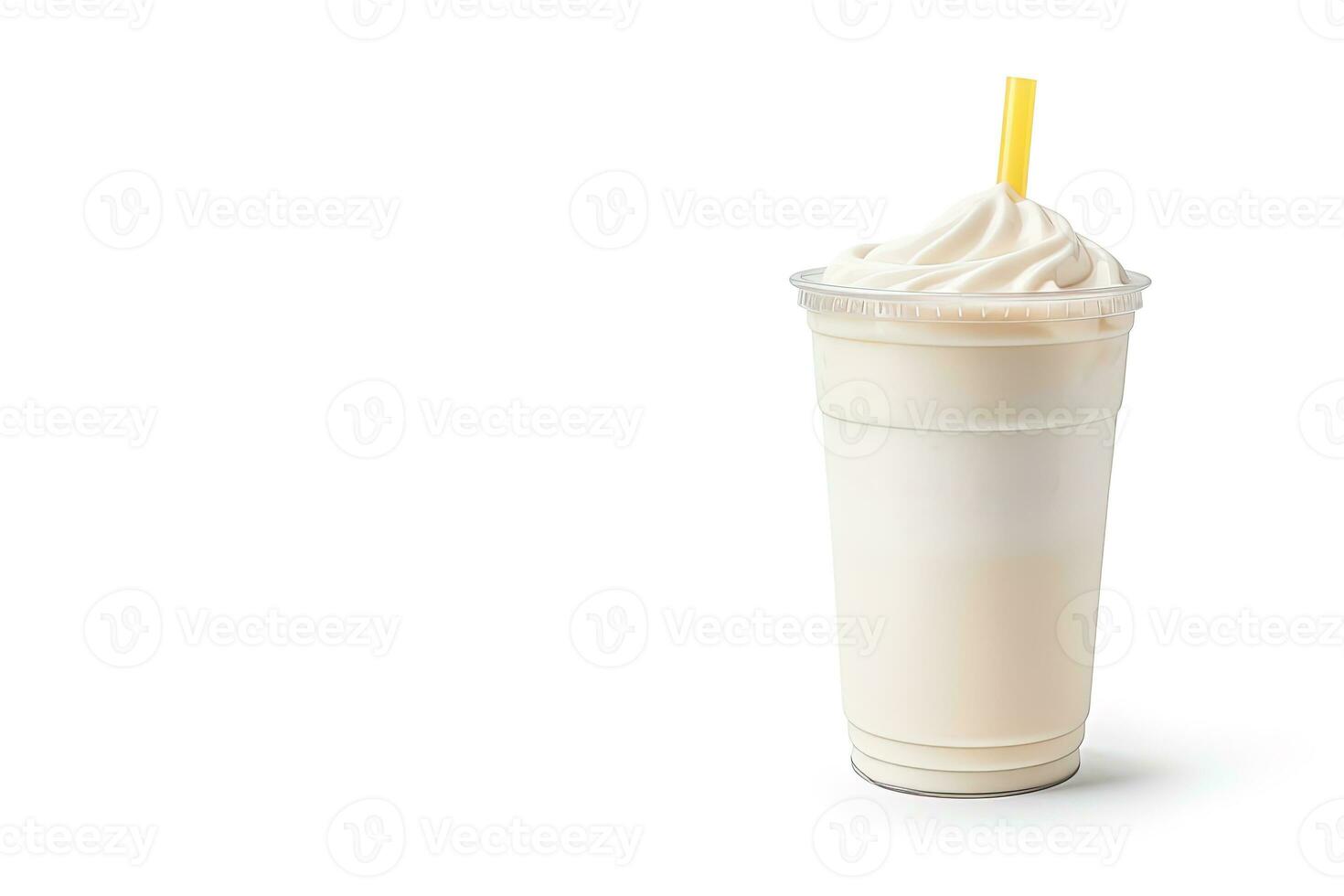 vanilj milkshake i plast hämtmat kopp isolerat på vit bakgrund med kopia Plats. ai genererad foto
