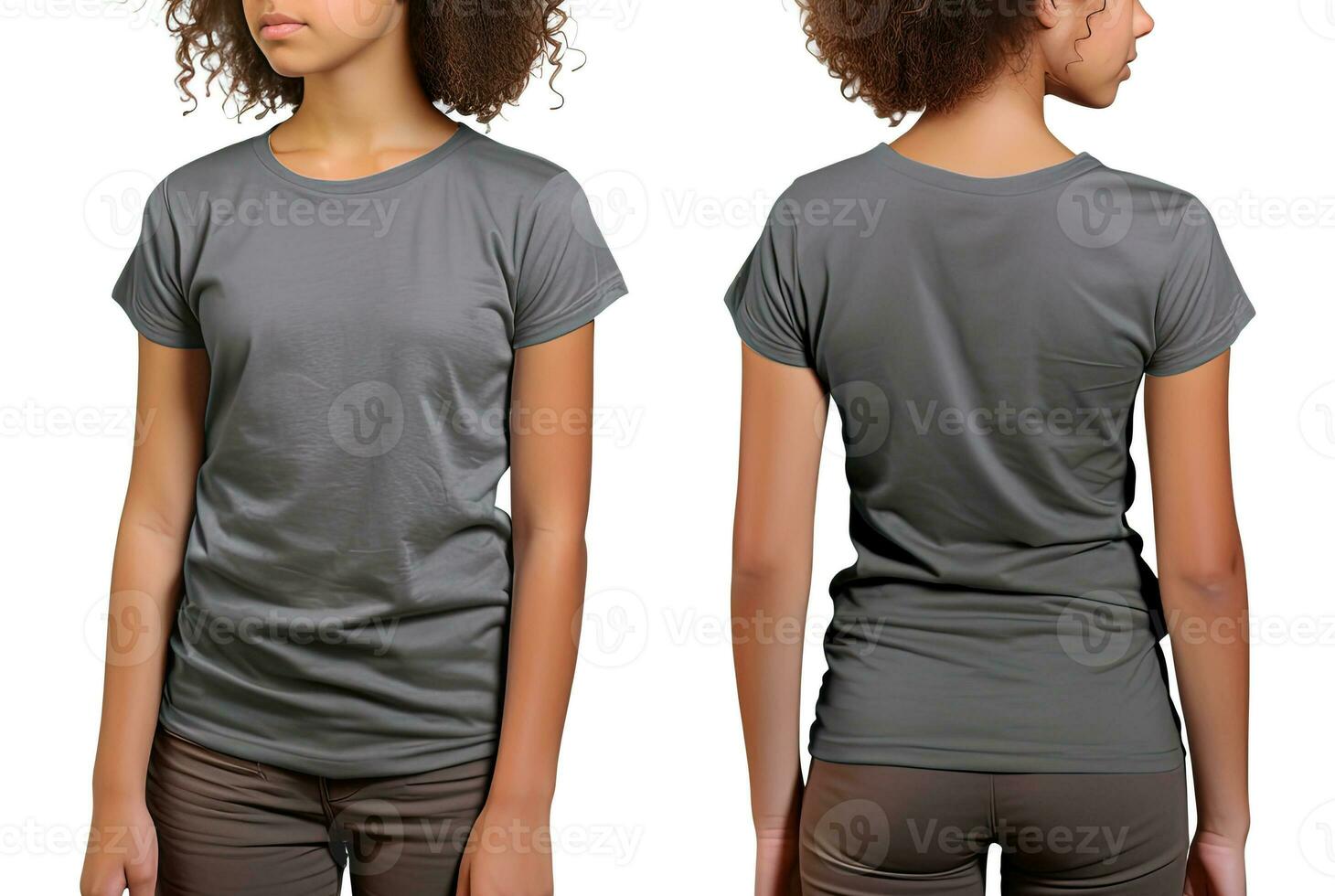 Foto realistisk kvinna grå t-tröjor med kopia Plats, främre, och tillbaka se. ai genererad