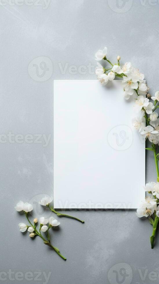 bukett av vit blommor och tom kort. blommor sammansättning. ai genererad foto