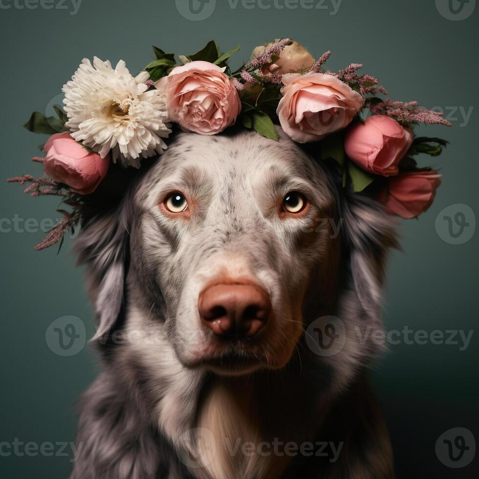 hund med blommor porträtt av tjur arab hund med blomma krona. ai generativ foto