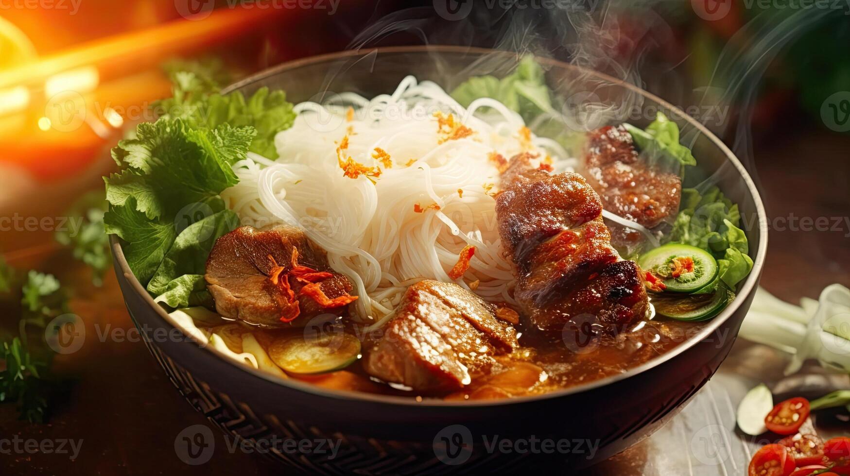 generativ ai illustration av vietnamese grillad fläsk spaghetti, bulle cha, stänk effekt. gata mat i vietnam foto