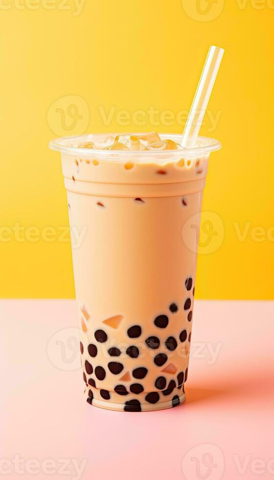 generativ ai illustration av produkt Foto plast kopp av boba mjölk te, med bubblor, roligt, pastell bakgrund