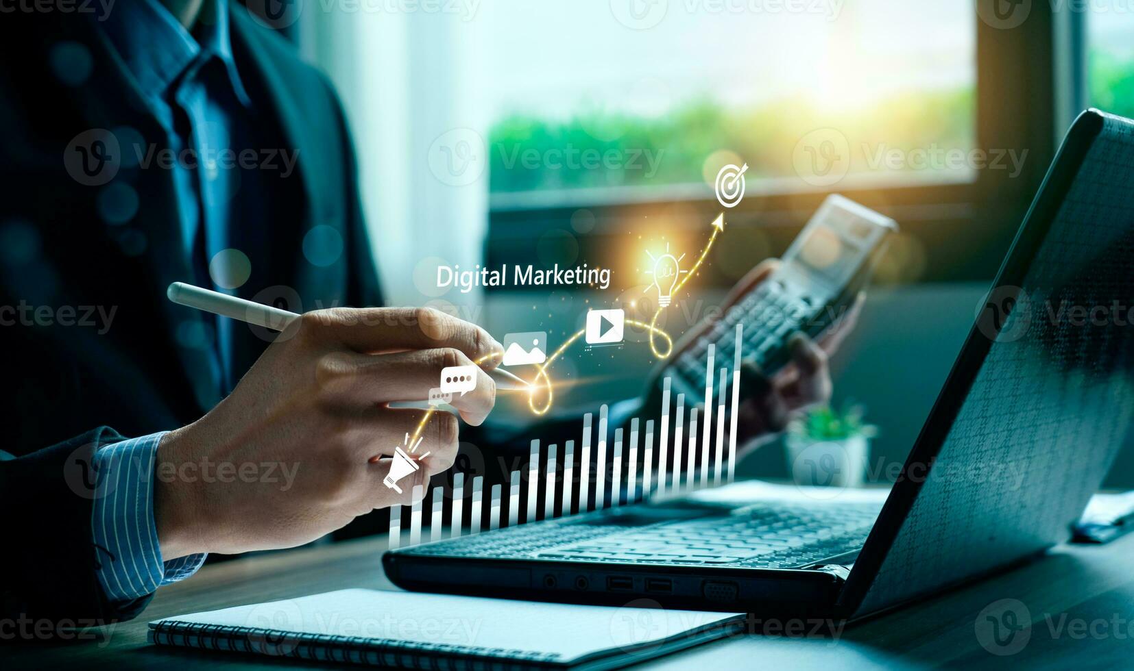 digital marknadsföring handel uppkopplad försäljning begrepp, befordran av Produkter eller tjänster genom digital kanaler Sök motor, social media, e-post, hemsida, digital marknadsföring strategier och mål. seo ppc foto