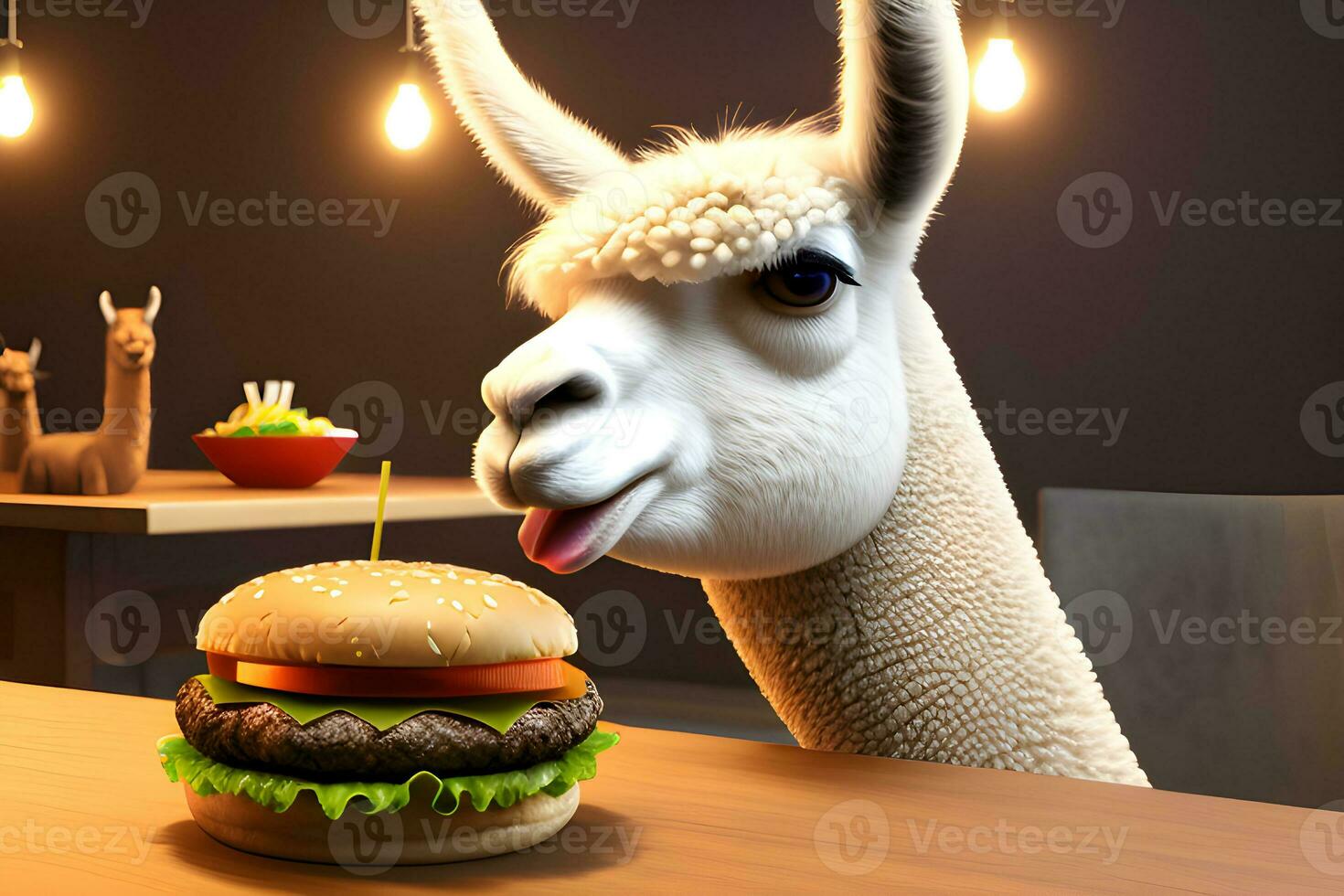 lama äter en hamburgare, på de tabell, mjuk belysning. ai generativ. foto