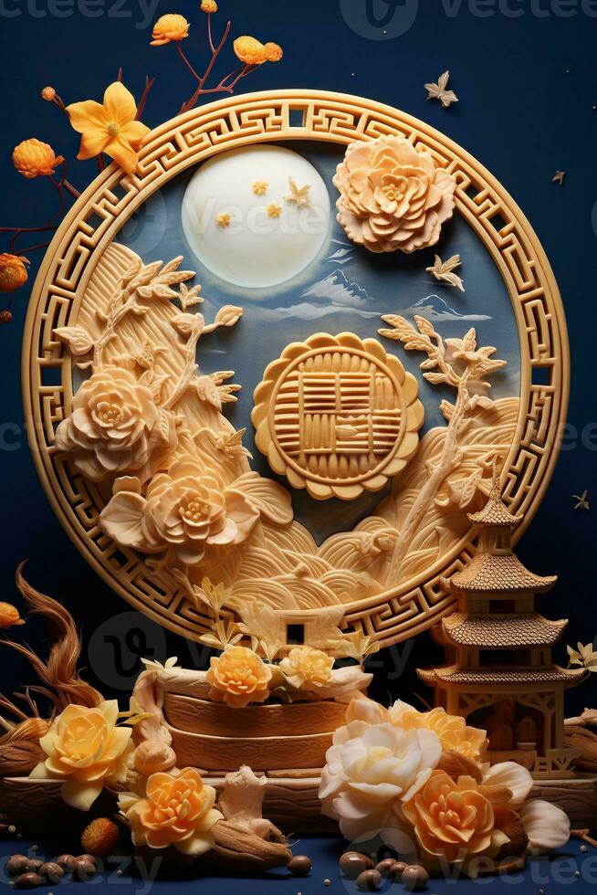 generativ ai illustration av kinesisk mitten höst festival måne kakor anordnad på en traditionell kinesisk porslin tallrik, uppsättning på en rustik trä- tabell foto