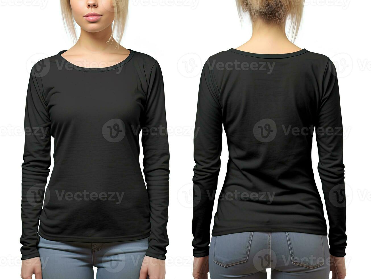 kvinna bär en svart t-shirt med lång ärmar. främre och tillbaka se. ai genererad foto