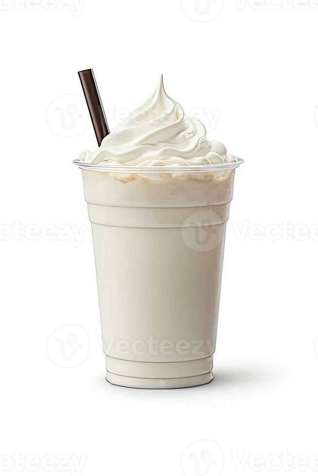 vanilj milkshake i plast hämtmat kopp isolerat på vit bakgrund. ai genererad foto