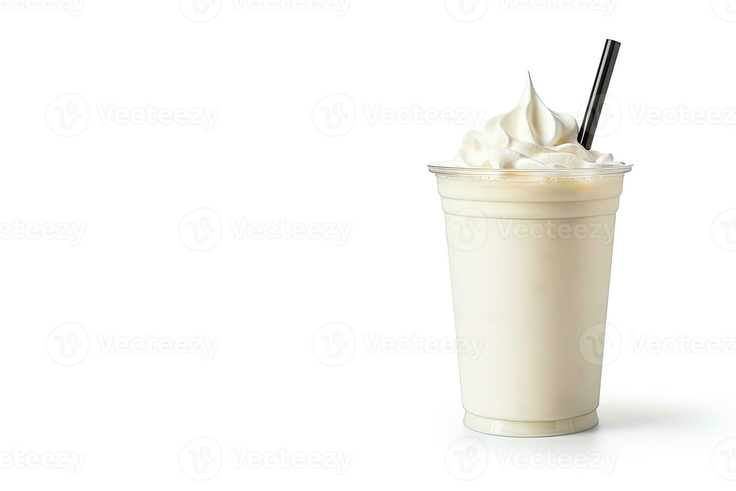 vanilj milkshake i plast hämtmat kopp isolerat på vit bakgrund med kopia Plats. ai genererad foto