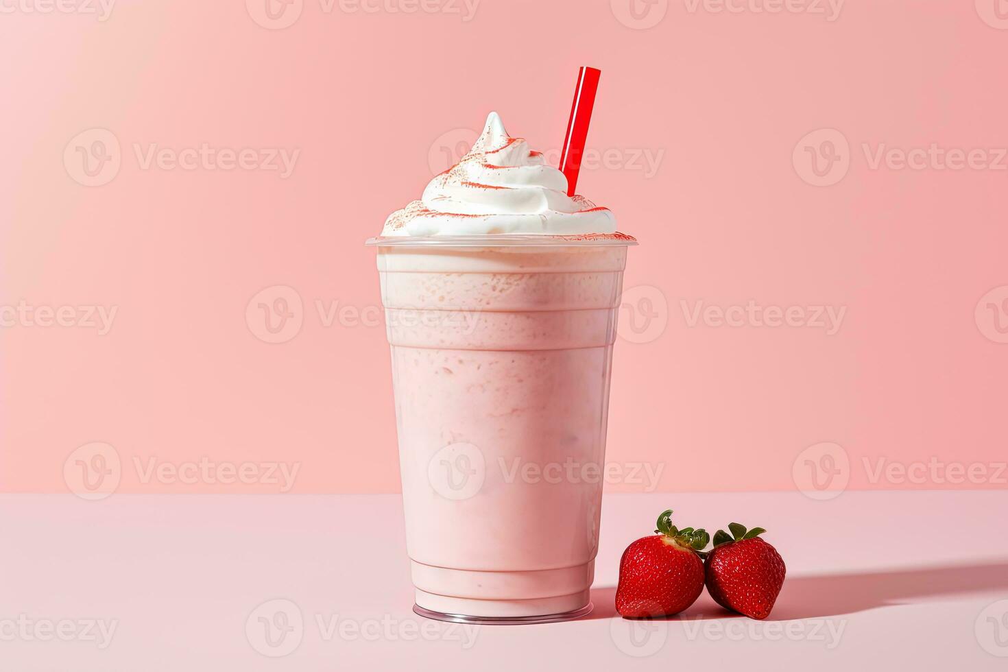 jordgubb milkshake i plast hämtmat kopp isolerat på rosa bakgrund. ai genererad foto