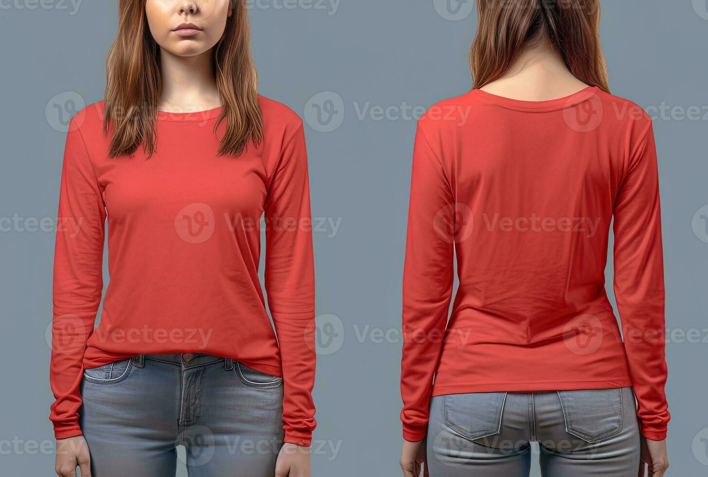 kvinna bär en röd t-shirt med lång ärmar. främre och tillbaka se. ai genererad foto