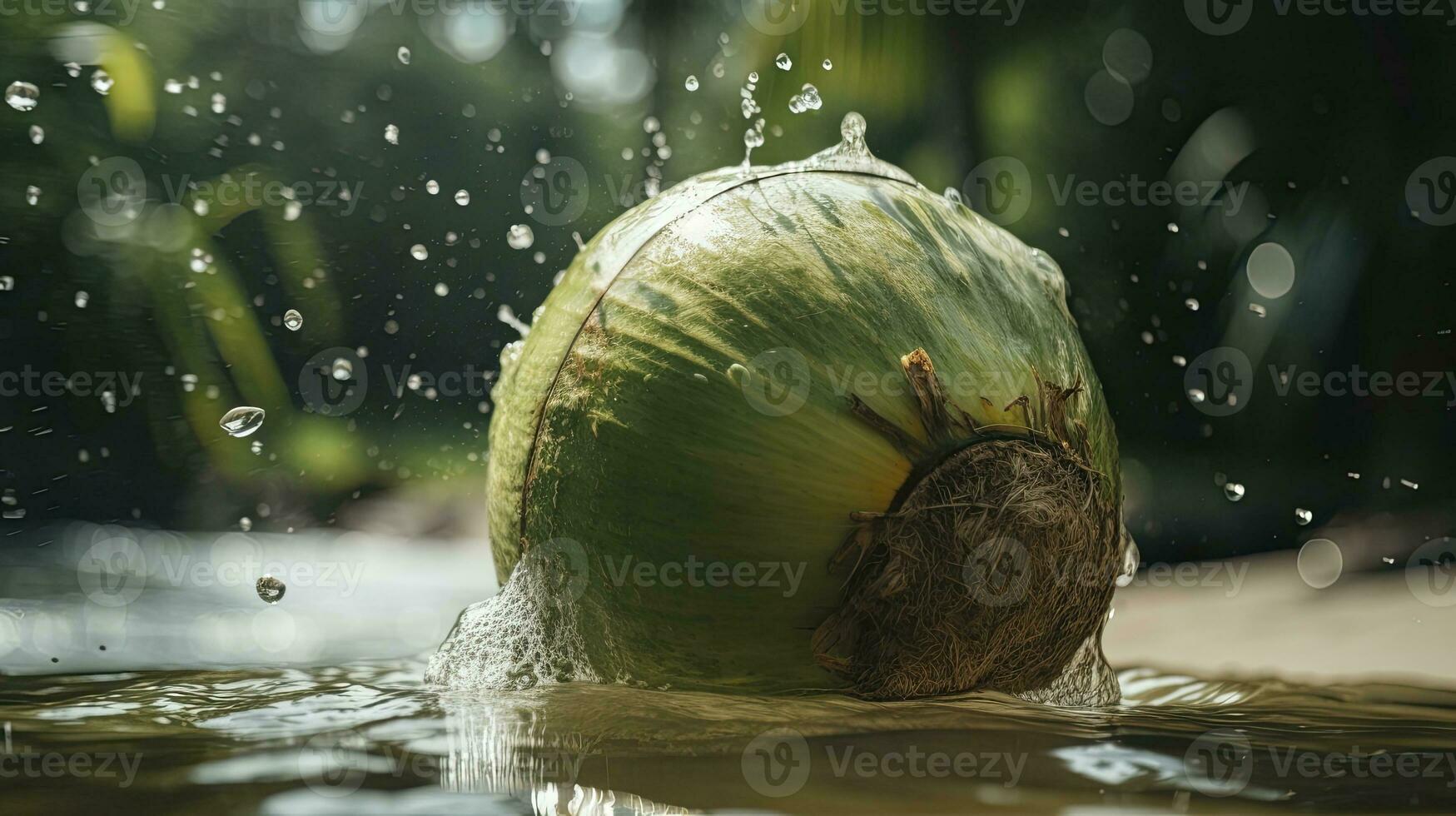 grön kokos stänk på vatten, es kelapa muda, indonesiska tropisk drycker, generativ ai foto