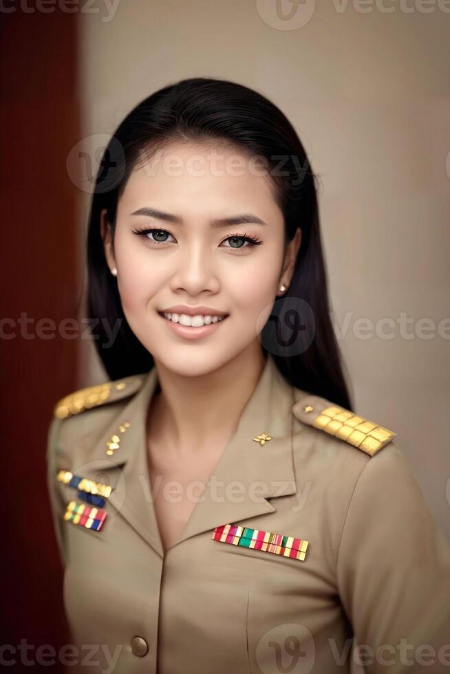 Foto av mitten åldrig asiatisk kvinna i thai lärare enhetlig, generativ ai