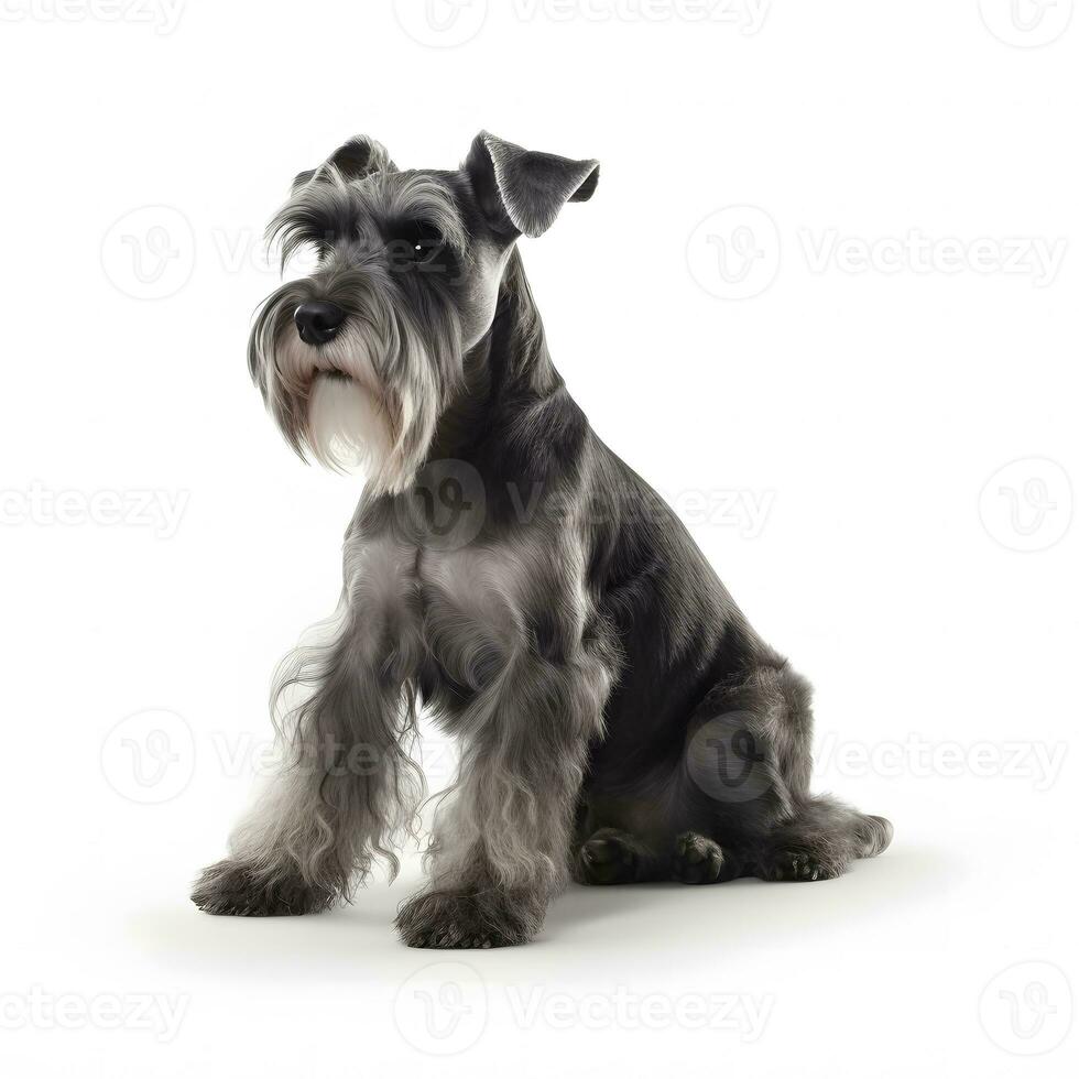 miniatyr- schnauzer ras hund isolerat på en ljus vit bakgrund foto