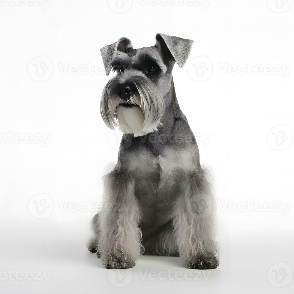 miniatyr- schnauzer ras hund isolerat på en ljus vit bakgrund foto