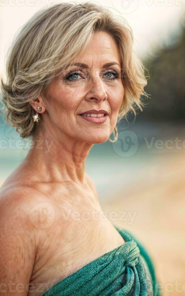Foto av vit mitten åldrig gammal lady amerikan kvinna i klänning på de sand strand, generativ ai