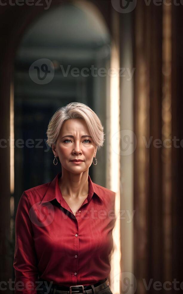 skön mitten åldrig gammal lady kvinna på hus med färsk grön växt i bakgrund, generativ ai foto