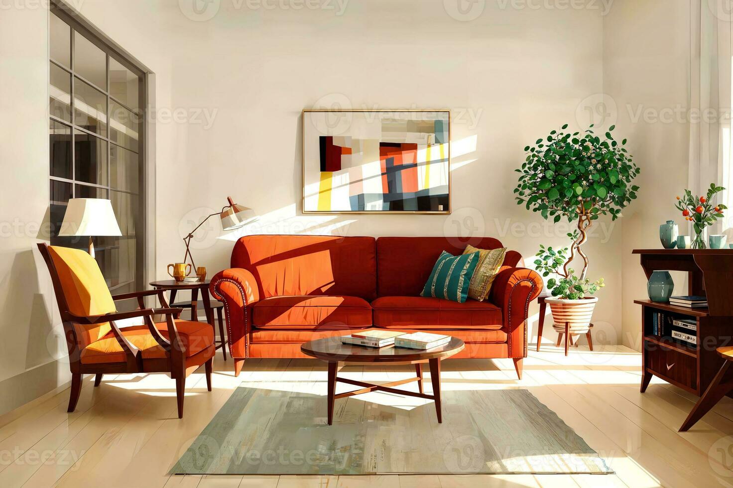 illustration digital målning av levande arbetssätt rum på de lägenhet, generativ ai foto