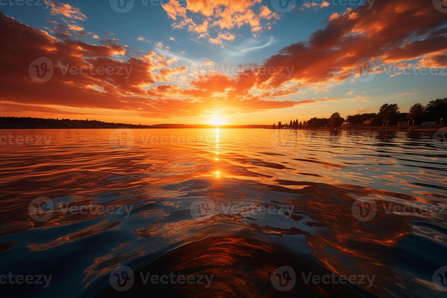 en strålnings orange Sol kastar förtjusande reflektioner på de vatten och horisont ai genererad foto