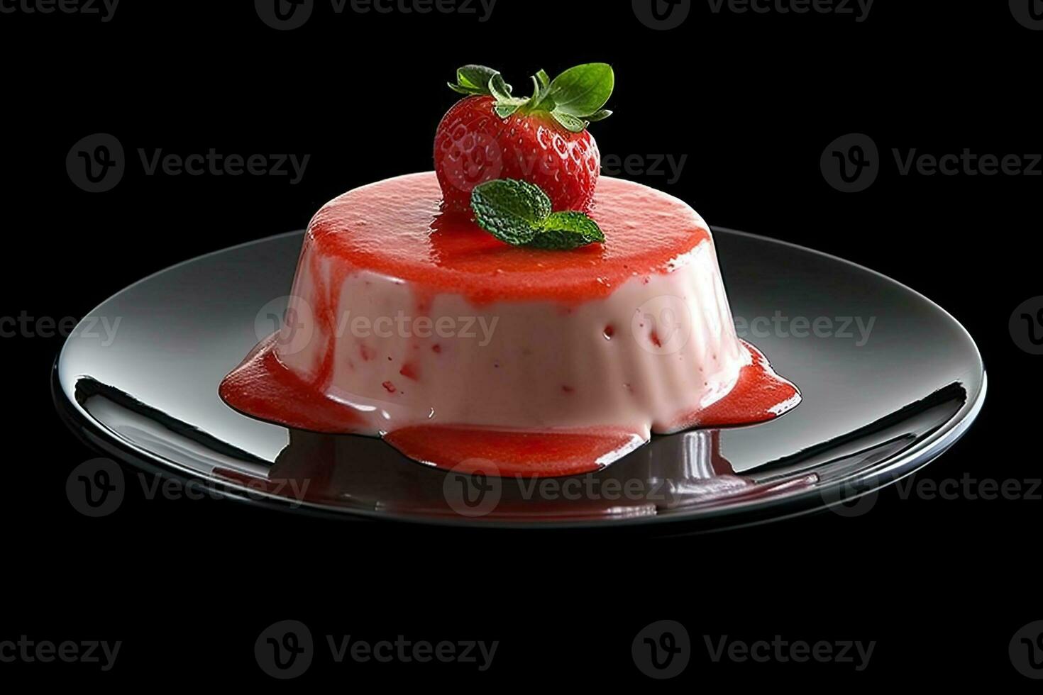 underbar jordgubb pudding på en tallrik, svart bakgrund, illustration, generativ ai foto