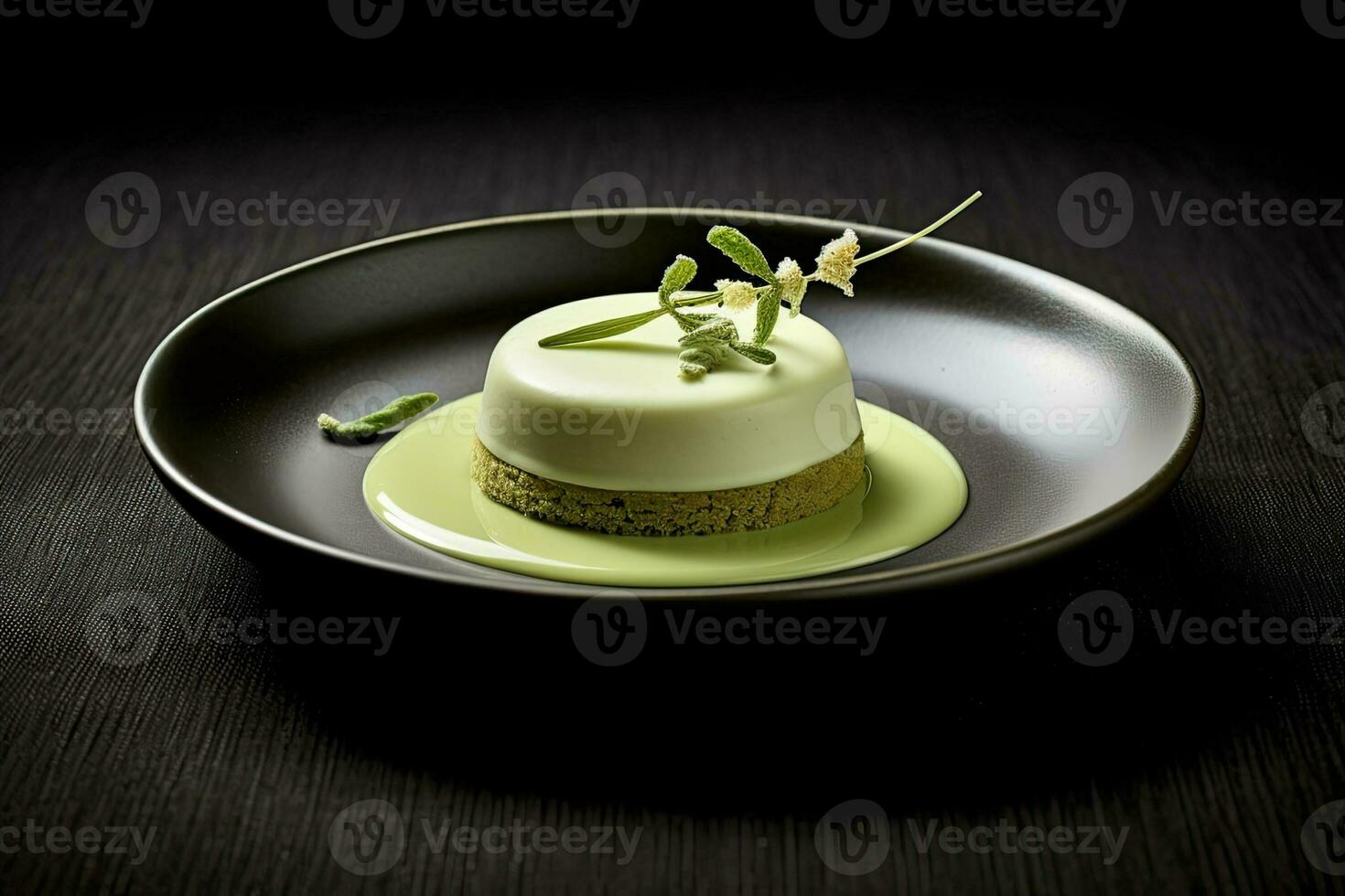 gott matcha pannacotta på en tallrik, svart bakgrund, illustration, generativ ai foto