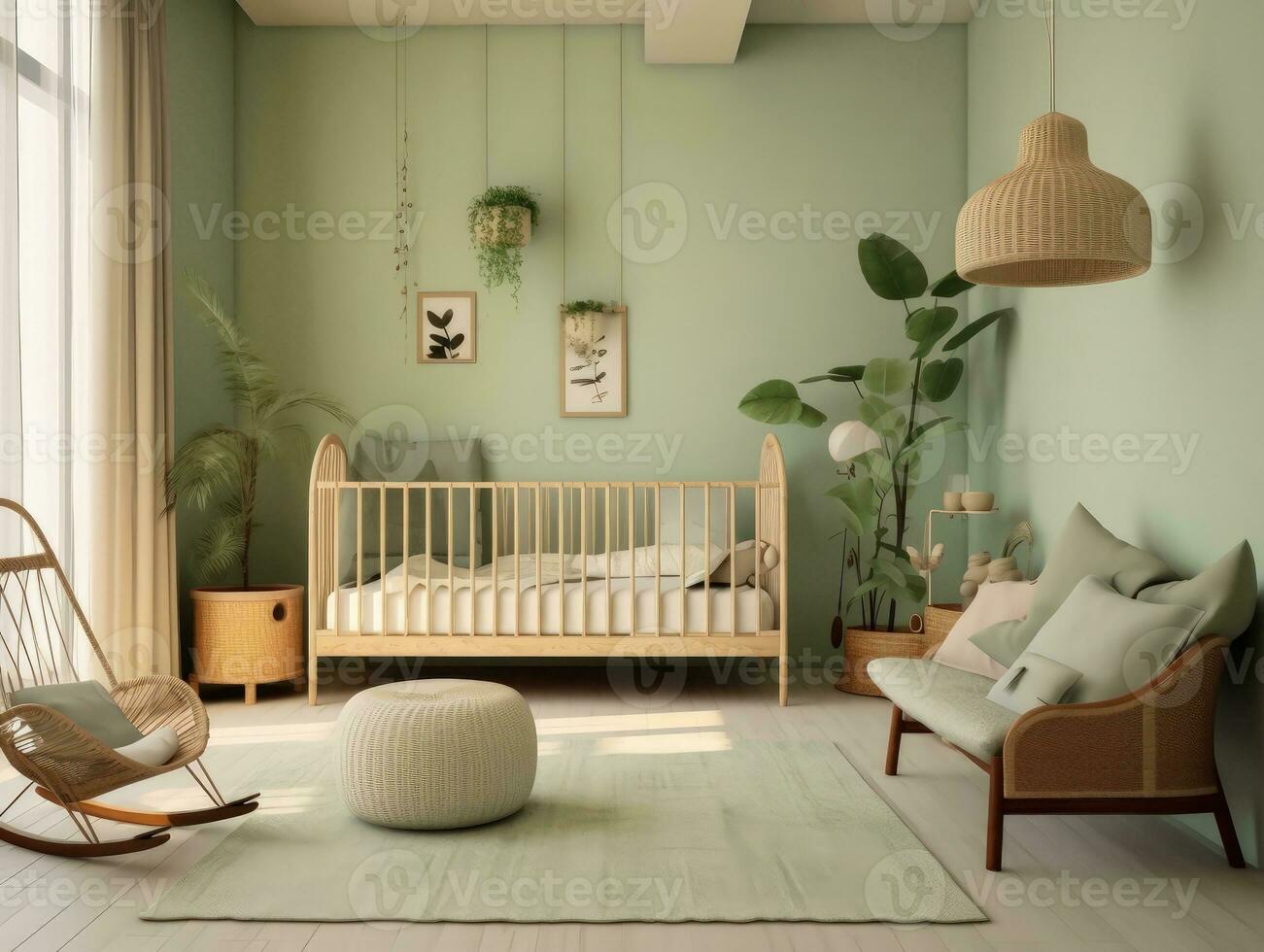 mysigt grön litet barn sovrum med spjälsäng säng och dekoration. generativ ai foto