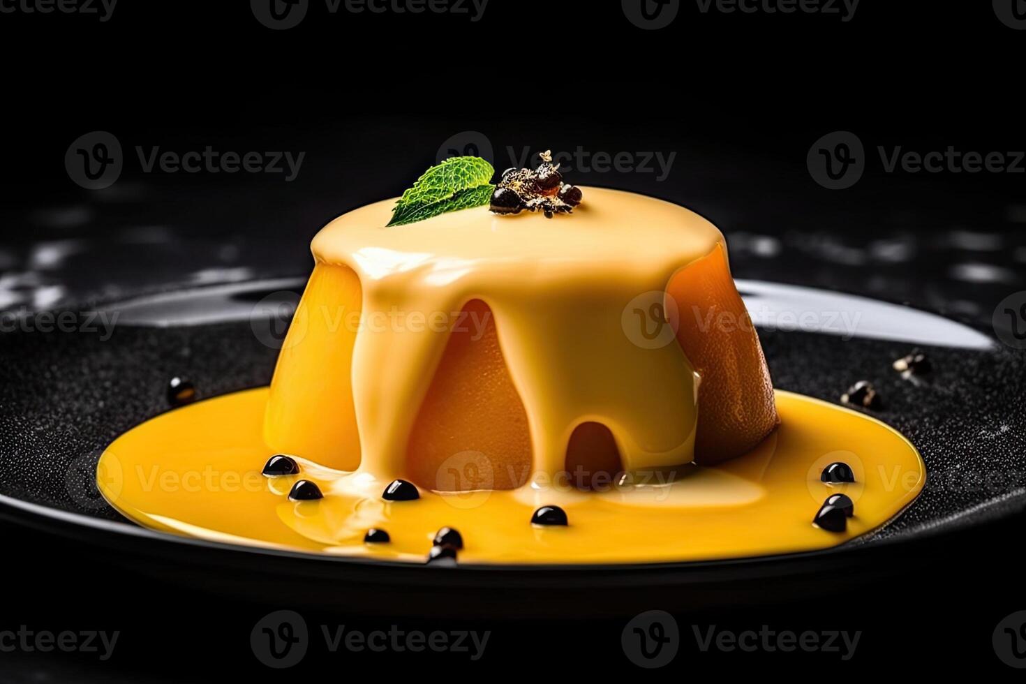 utsökt mango pudding på en tallrik, svart bakgrund, illustration, generativ ai foto