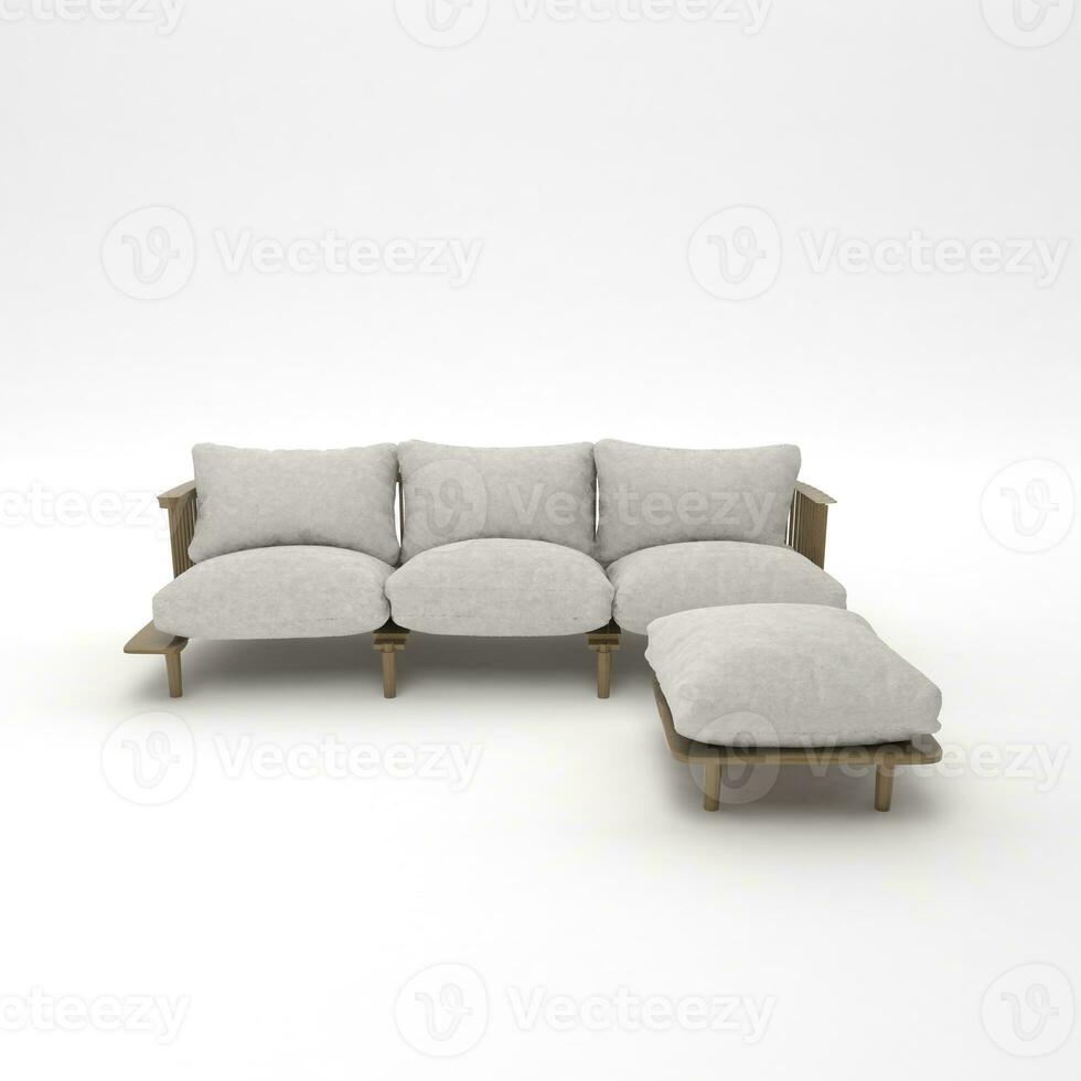 möbel för modern rum interiör , bekväm soffa på vit bakgrund. möbel, interiör objekt, eleganta soffa, 3d tolkning foto