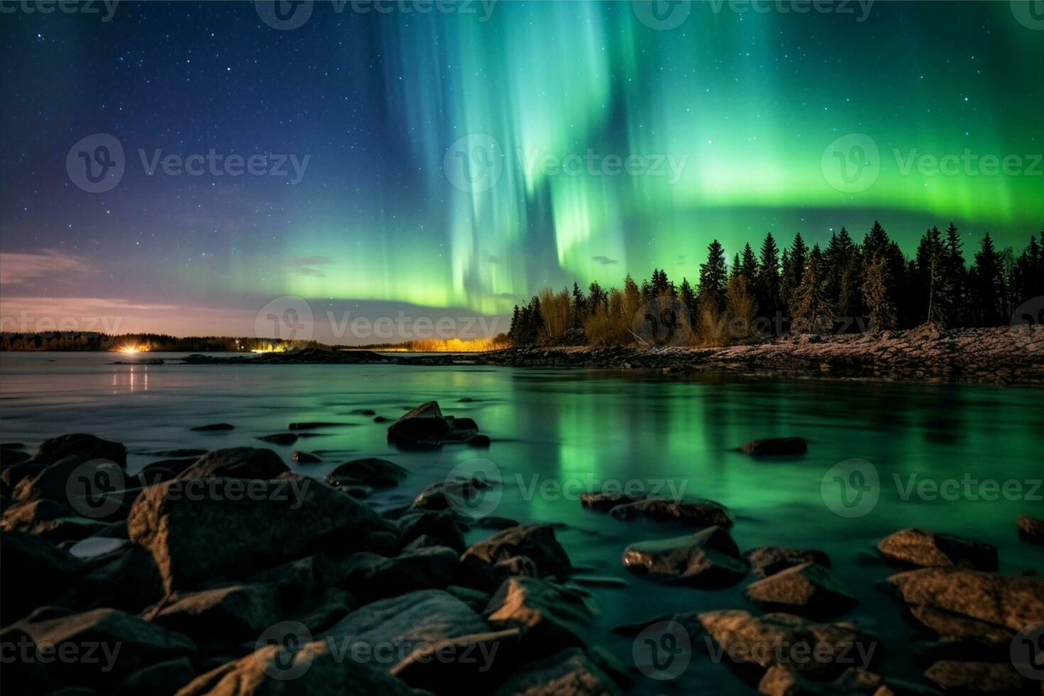 aurora landskap med nordlig lampor, generativ ai foto