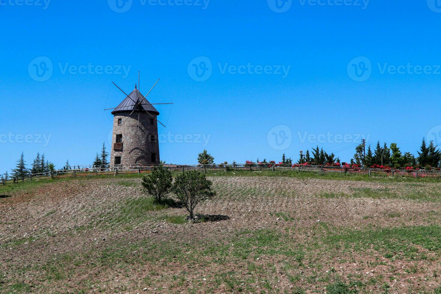 väderkvarn och blå himmel. Foto av väderkvarn med skördar