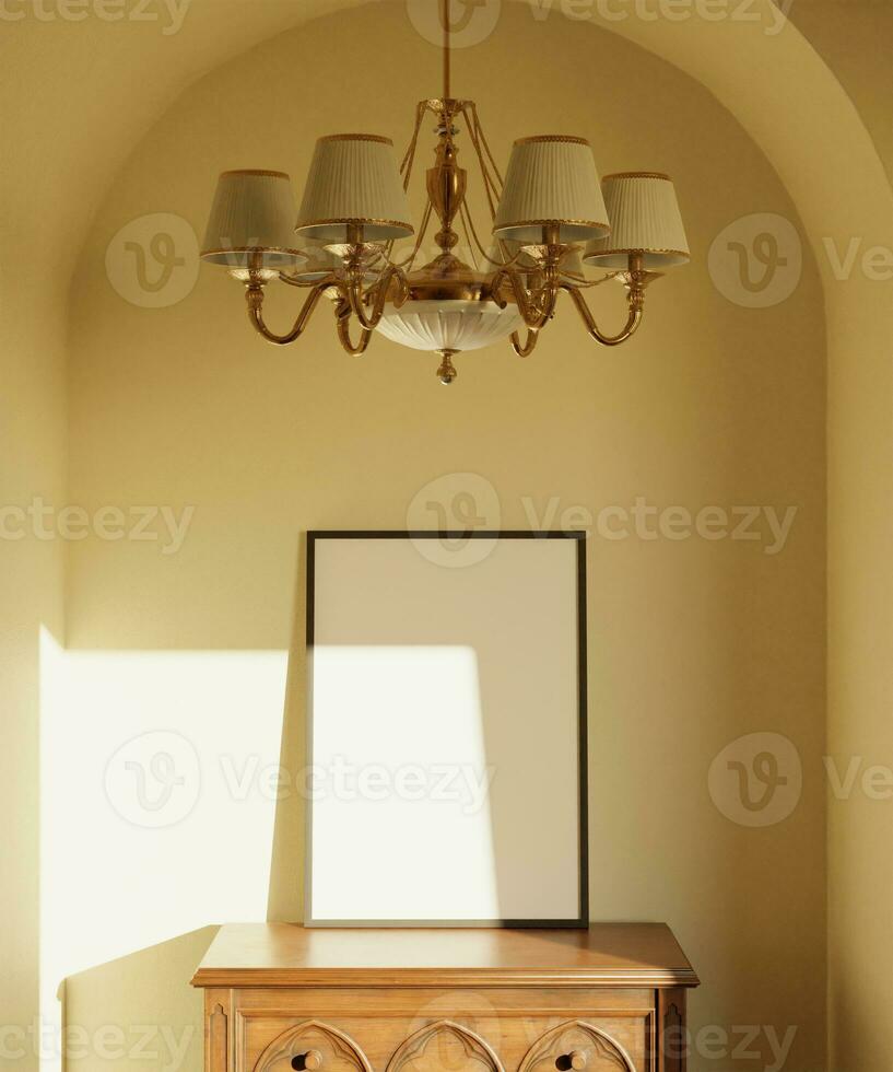 estetisk modern ram attrapp affisch på de skåp med lyx lampa dekoration ljus förbi solljus foto