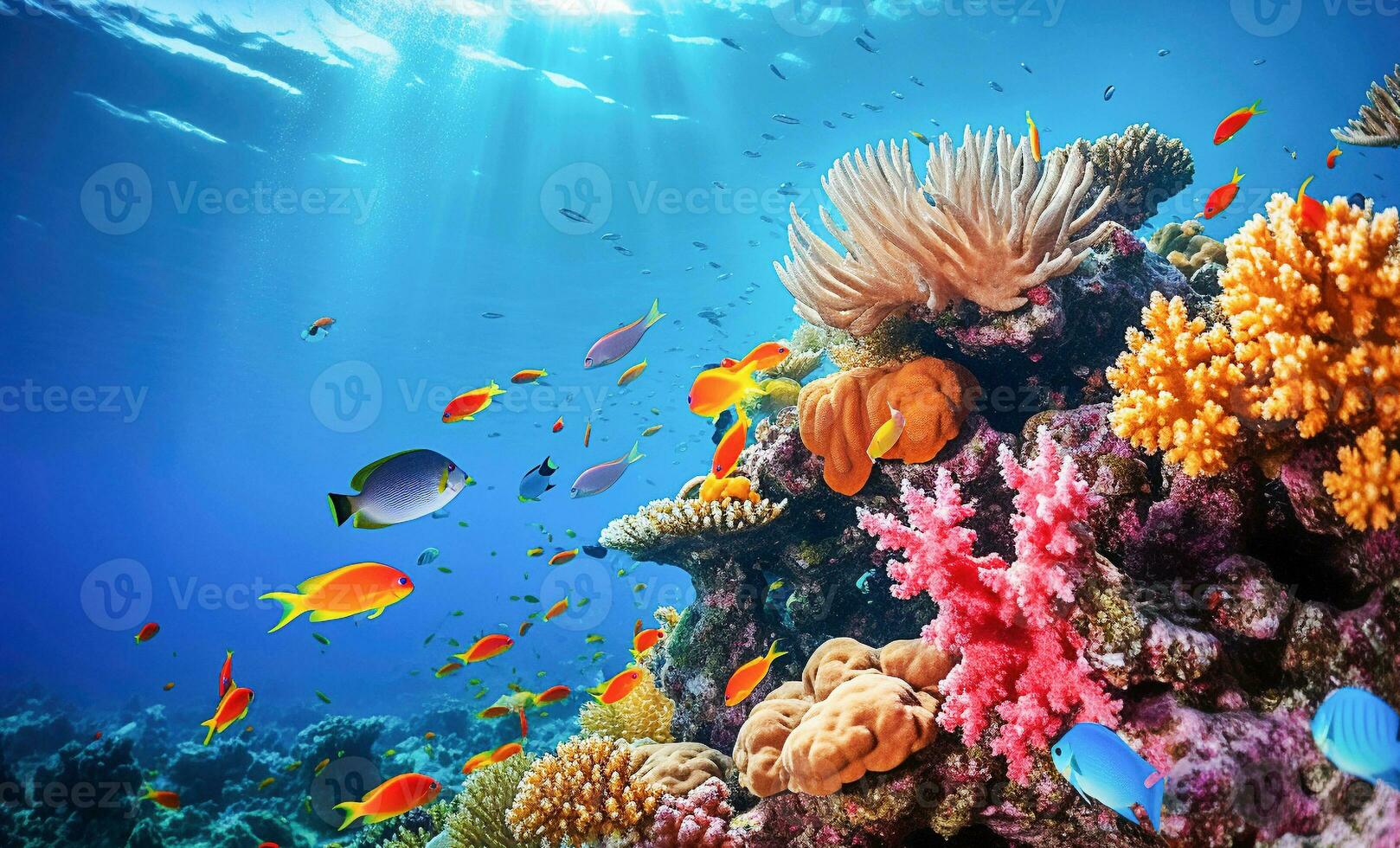 ai generativ. tropisk korall rev med färgad korall fisk. foto