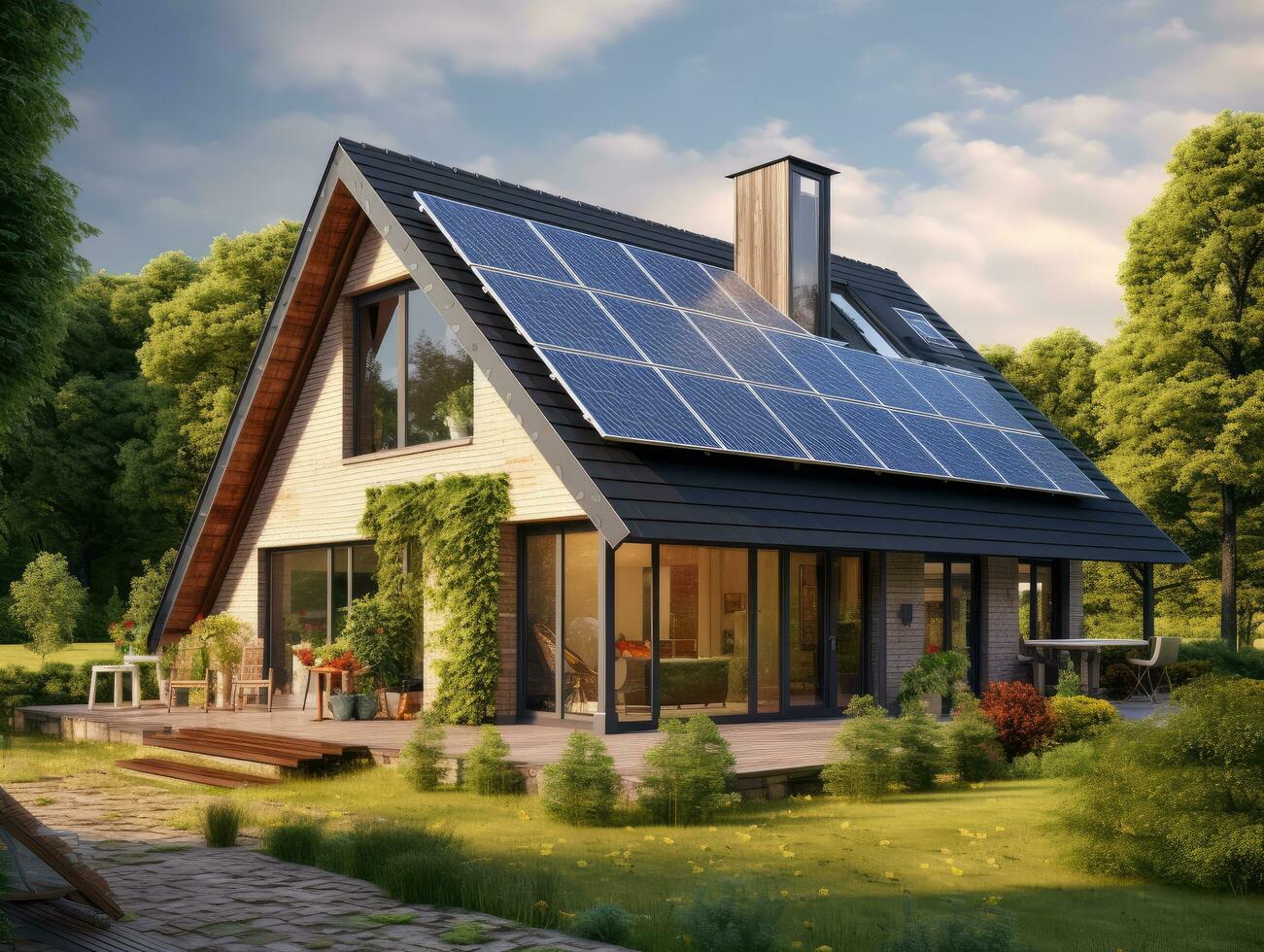 modern hus med sol- paneler installerad foto