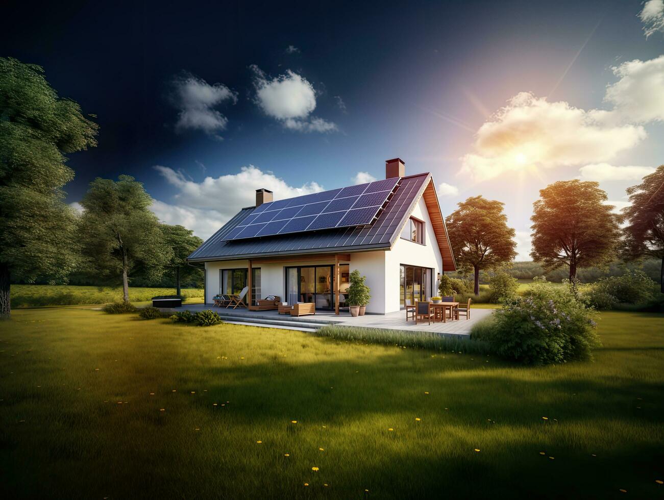 modern friliggande hus i de landsbygden med sol- paneler installerad foto