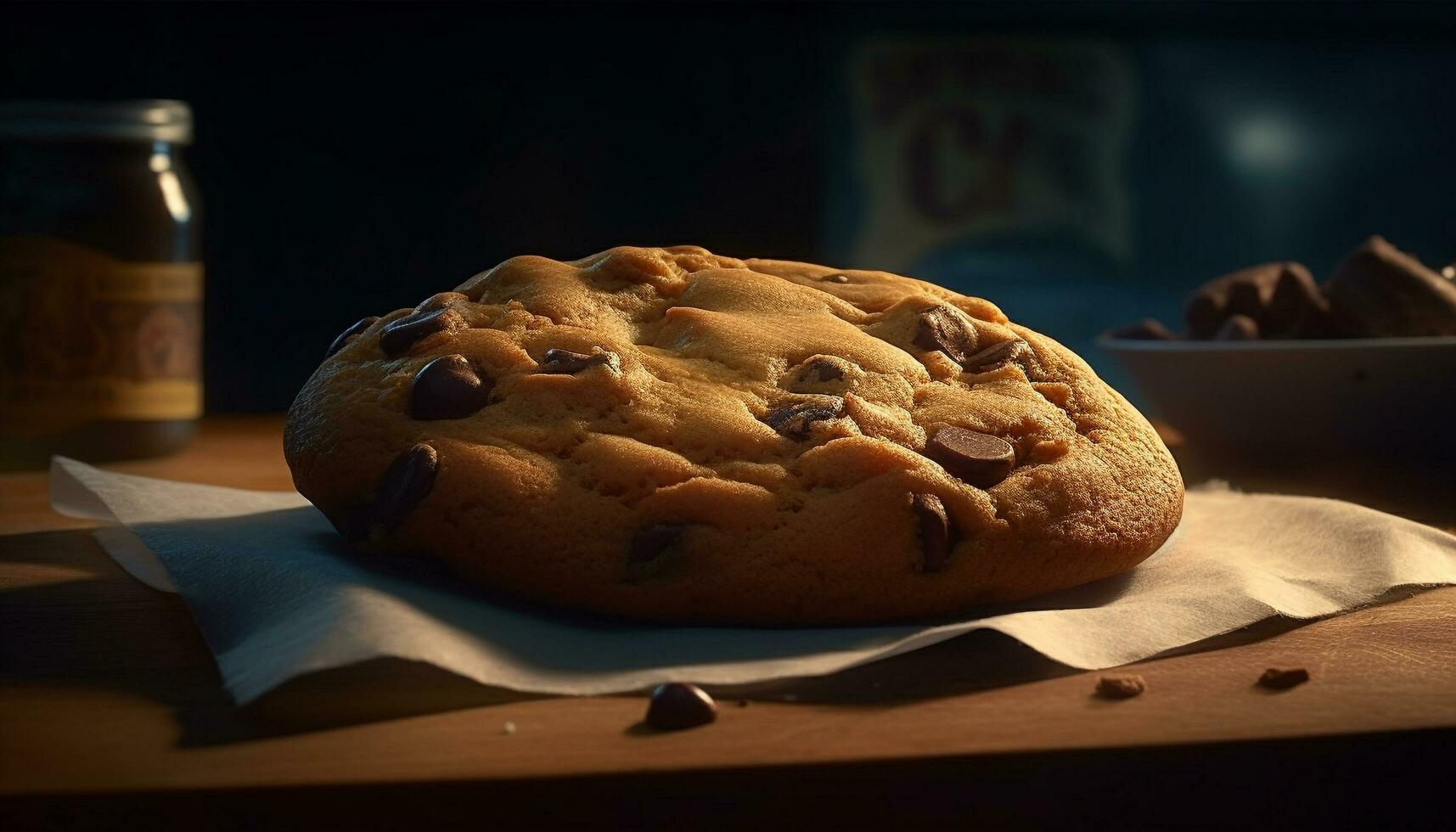 hemlagad choklad chip småkakor på rustik tabell genererad förbi ai foto