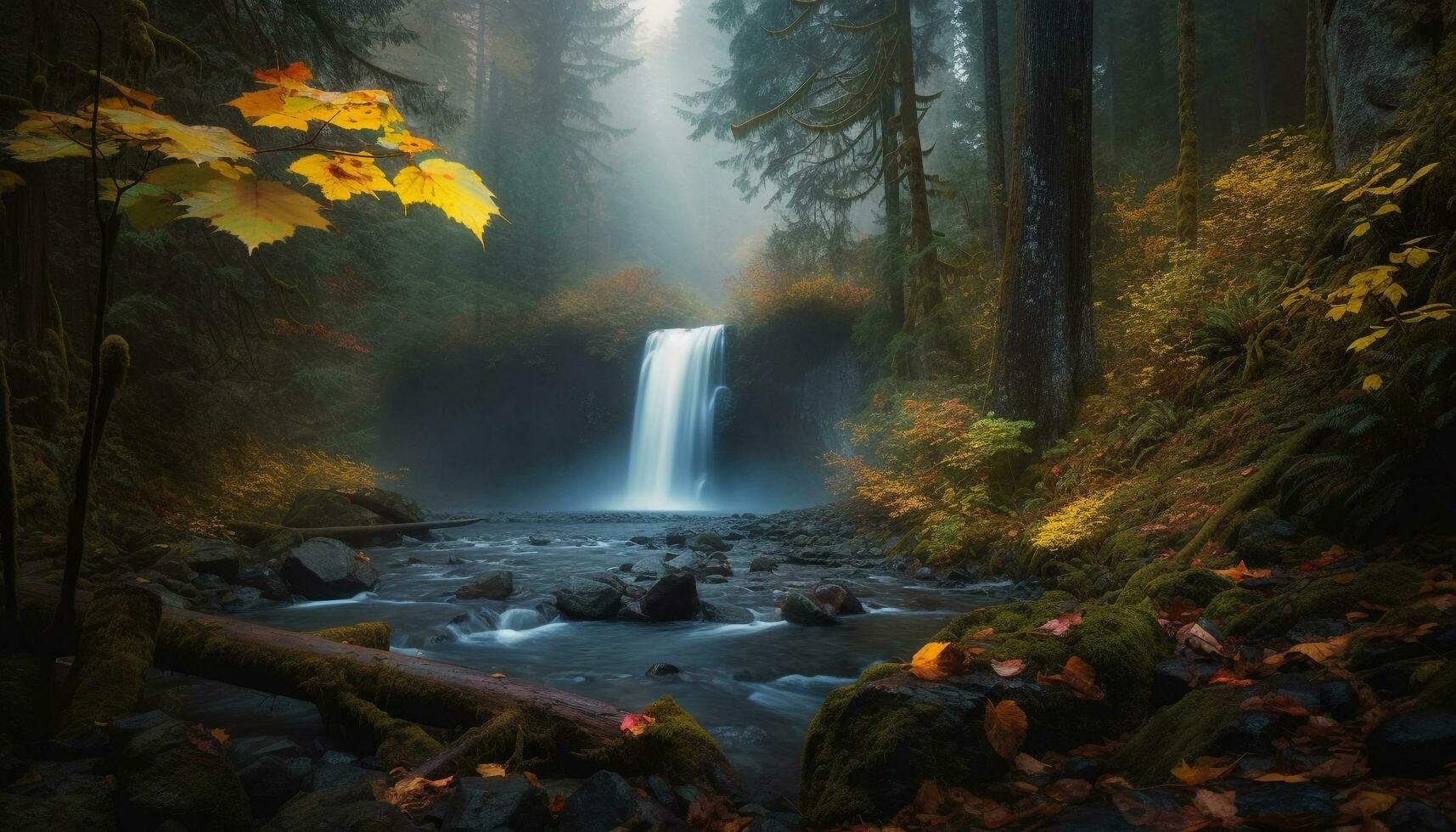 lugn höst skog, våt löv, strömmande vatten genererad förbi ai foto