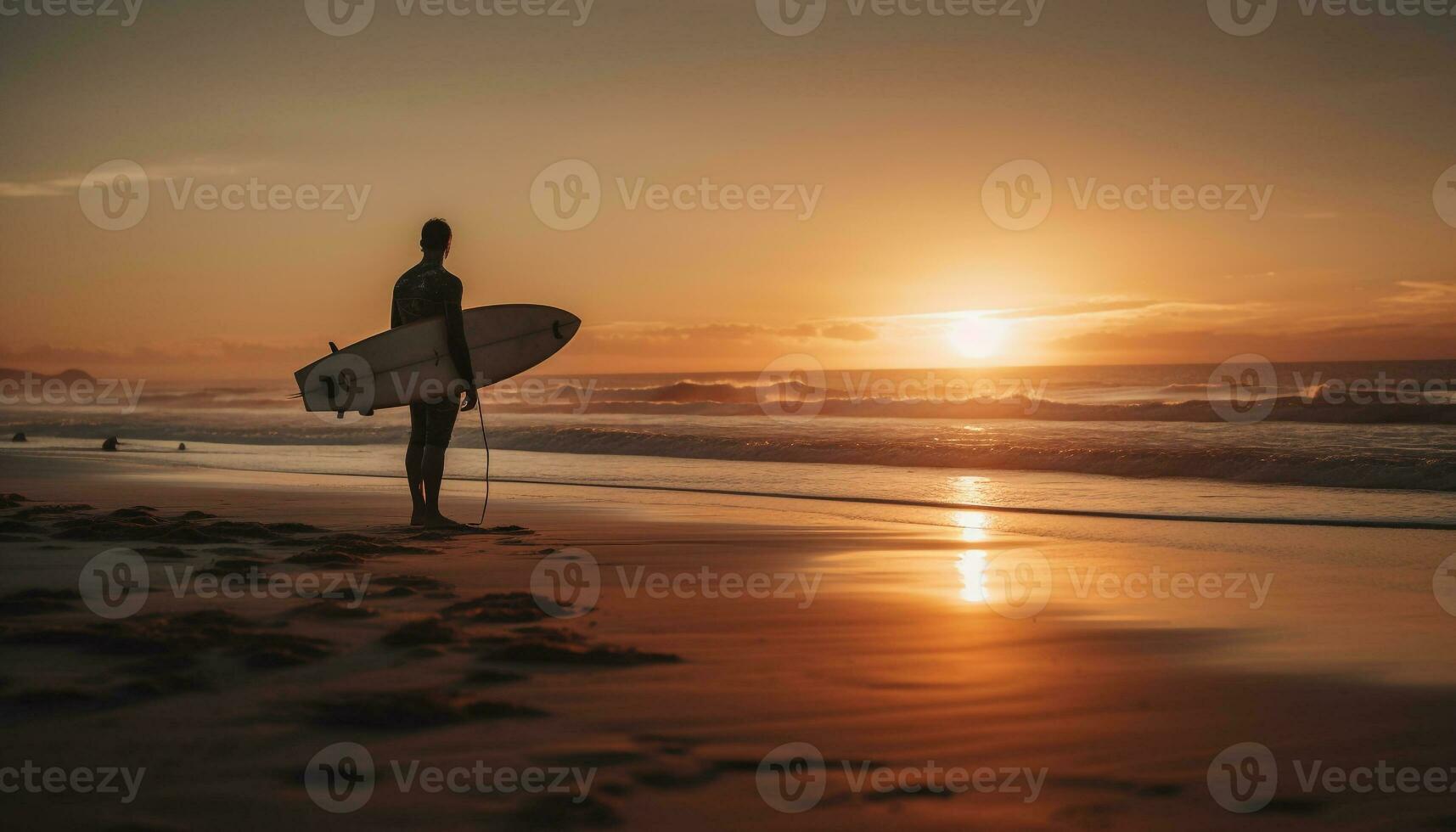 silhuett av man surfing på skymning på kustlinje genererad förbi ai foto