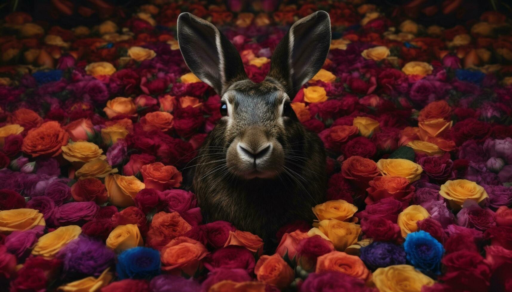 fluffig bebis kanin sniffar tulpan blomma huvud genererad förbi ai foto