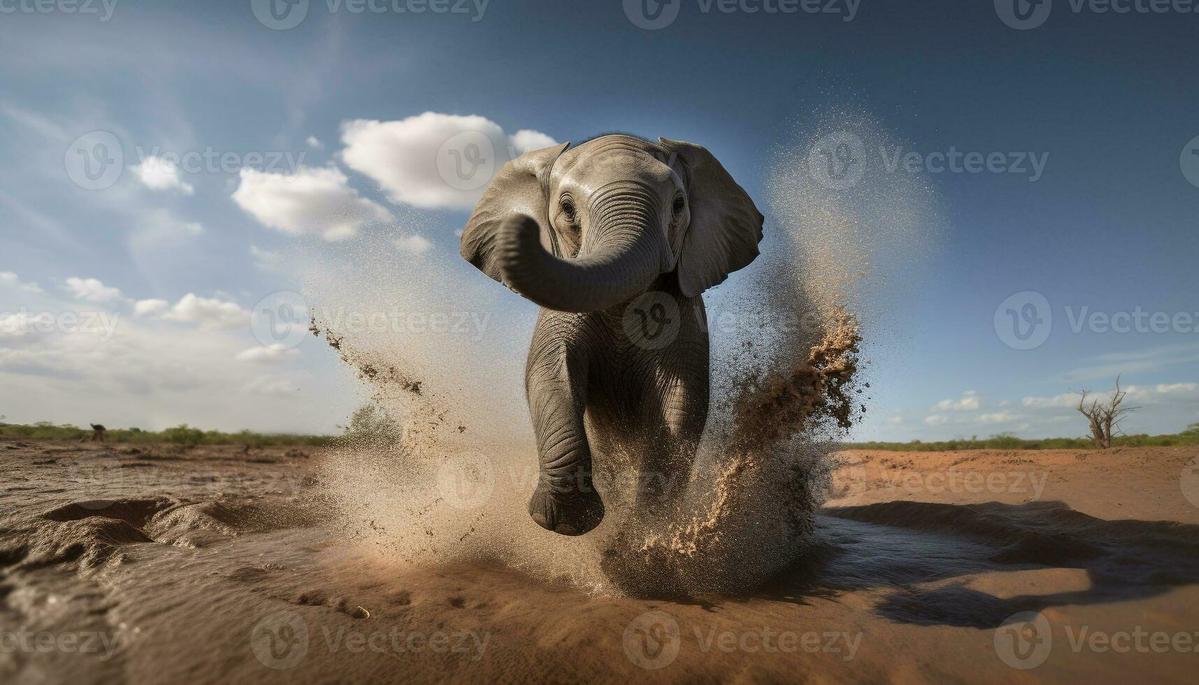 afrikansk elefant stänk i våt sand rörelse genererad förbi ai foto