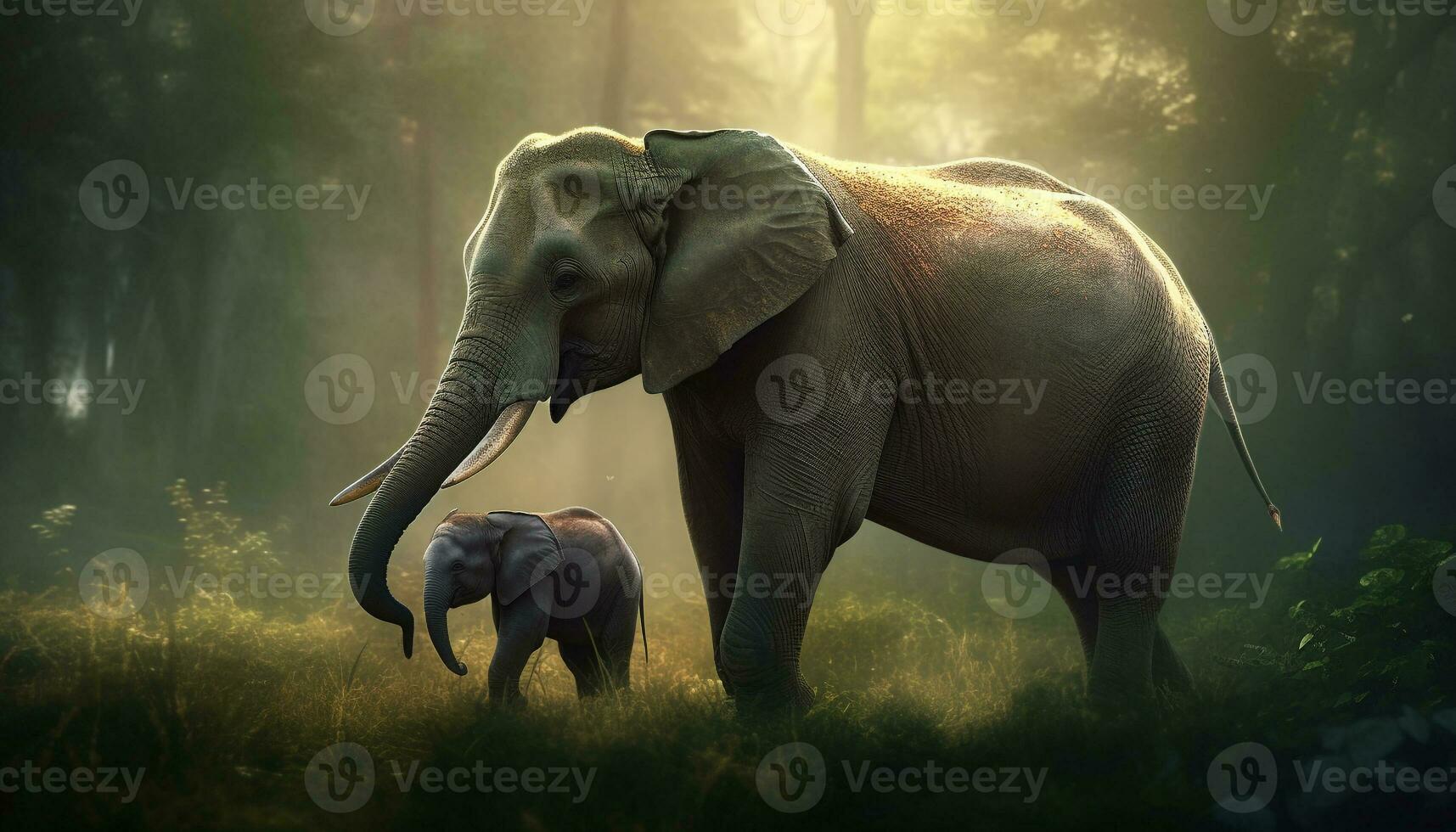 stor afrikansk elefant familj gående i lugn savann genererad förbi ai foto