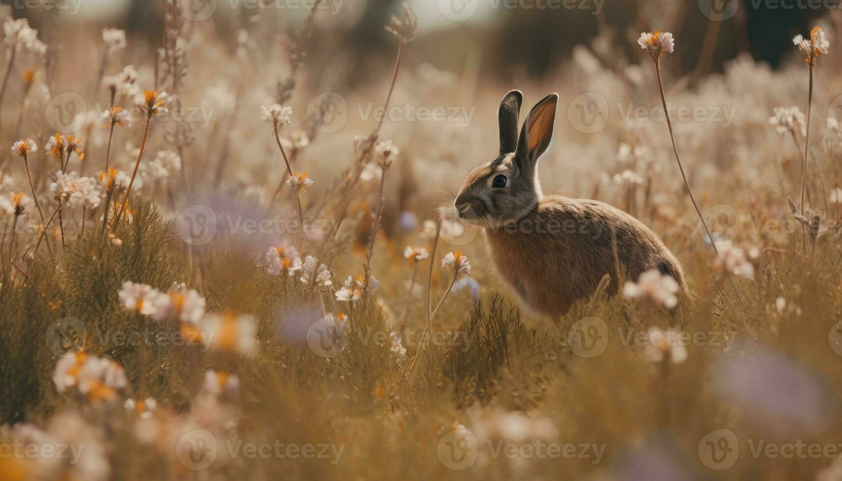 fluffig hare sitter i grön äng, lugn genererad förbi ai foto