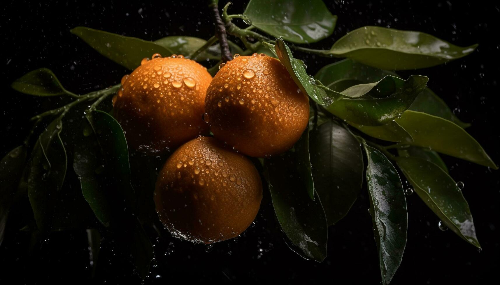 mogen citrus- droppar våt på grön löv genererad förbi ai foto