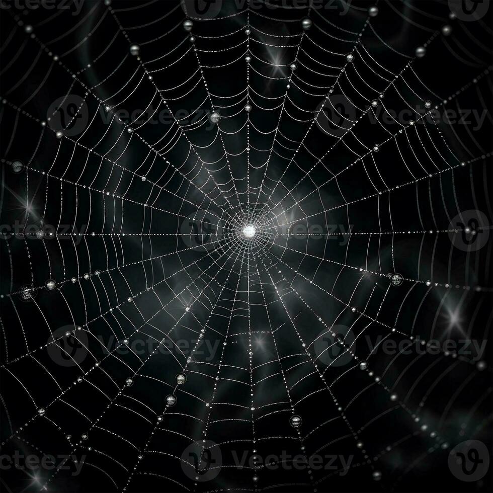 Spindel webb med vatten droppar på mörk bakgrund. generativ ai. foto