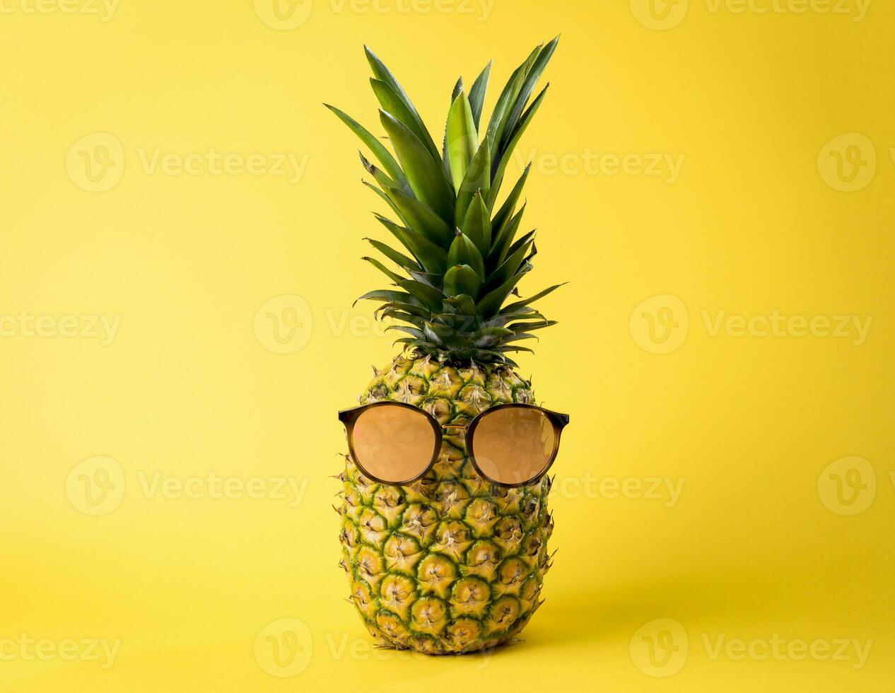tropisk ananas med solglasögon i sommar säsong, strand semester begrepp - gul bakgrund foto