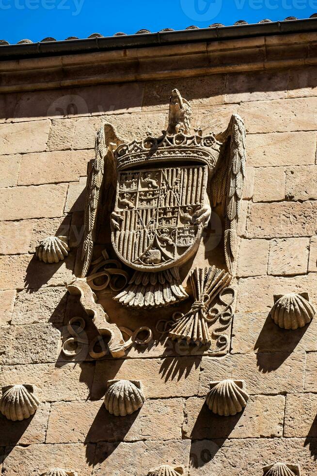 detalj av dekorationer på de Fasad av de historisk hus av de skal byggd i 1517 förbi rodrigo arior de maldonado riddare av de beställa av santiago de kompostela i salamanca, Spanien foto