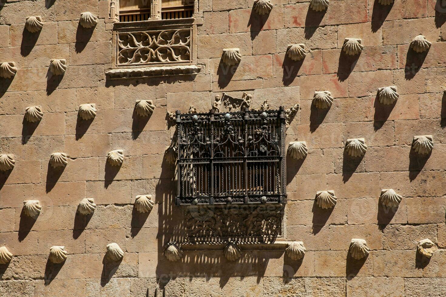 detalj av de fönster av de historisk hus av de skal byggd i 1517 förbi rodrigo arior de maldonado riddare av de beställa av santiago de kompostela i salamanca, Spanien foto