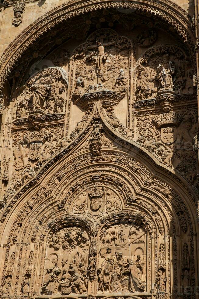 detalj av de skön sniderier på de Fasad av de historisk salmanca katedral foto