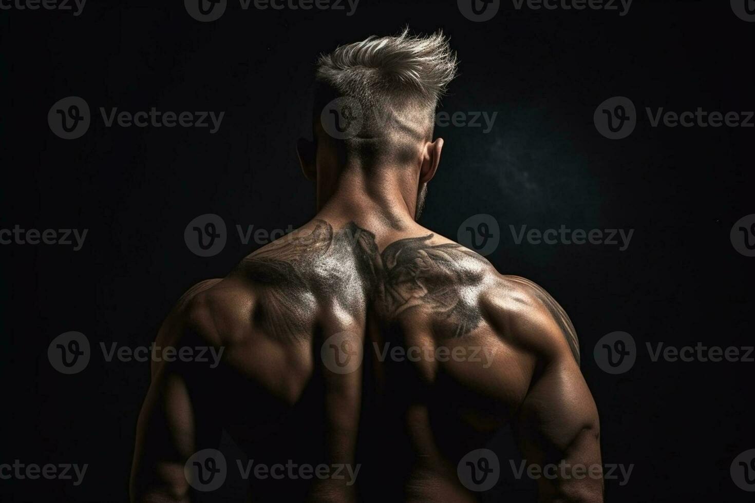 ai generativ stilig ung muskulös man med tatuering på hans kropp över mörk bakgrund foto