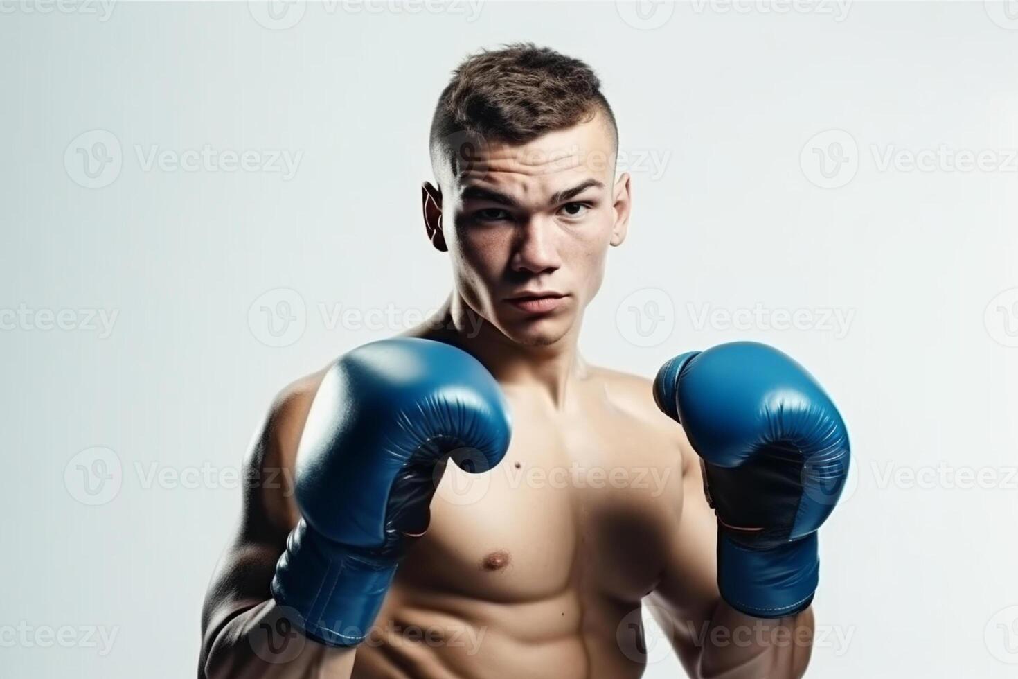ai generativ porträtt av ung man i blå boxning handskar på en vit bakgrund foto