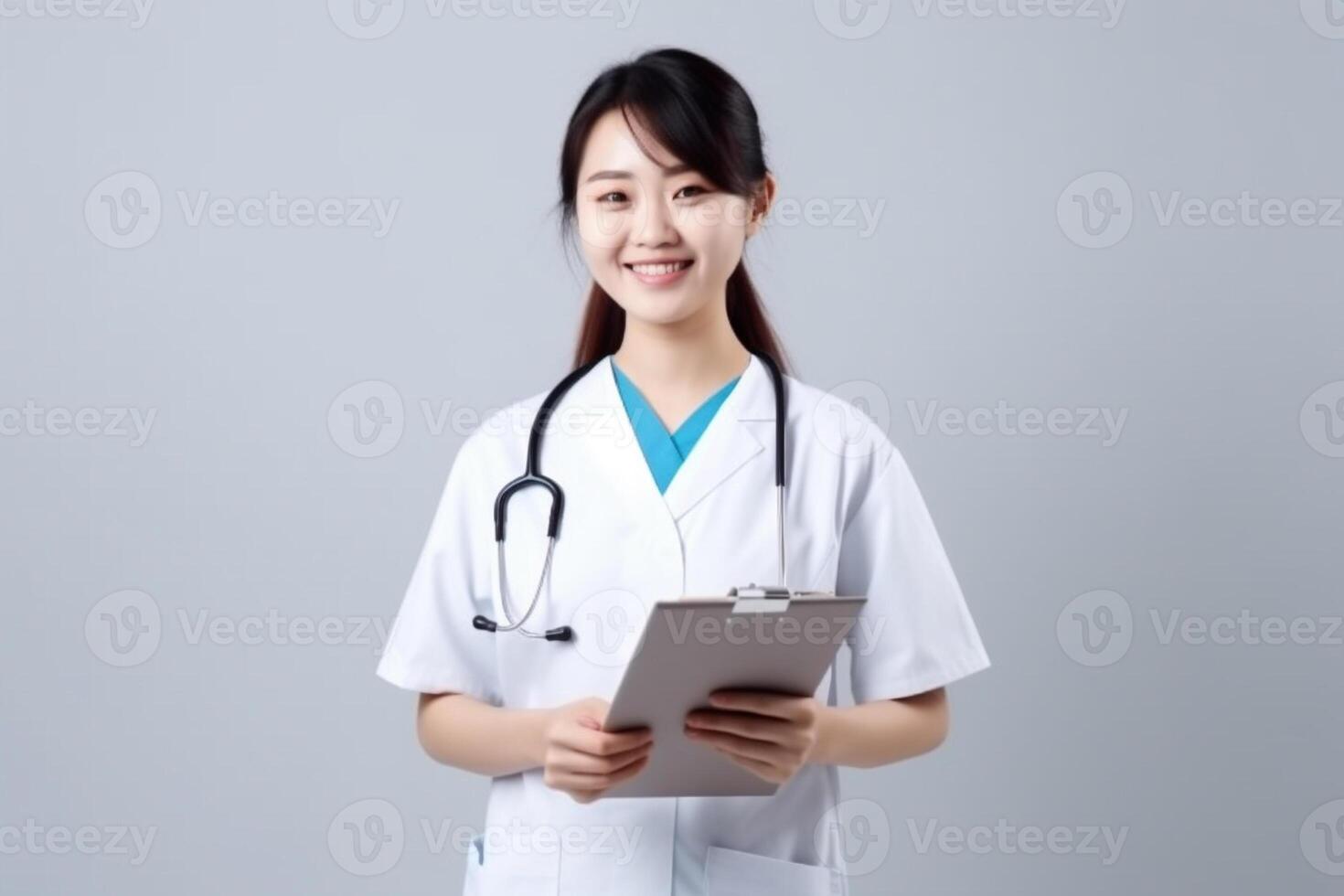 ai generativ porträtt av en leende kvinna sjuksköterska med stetoskop och Urklipp foto